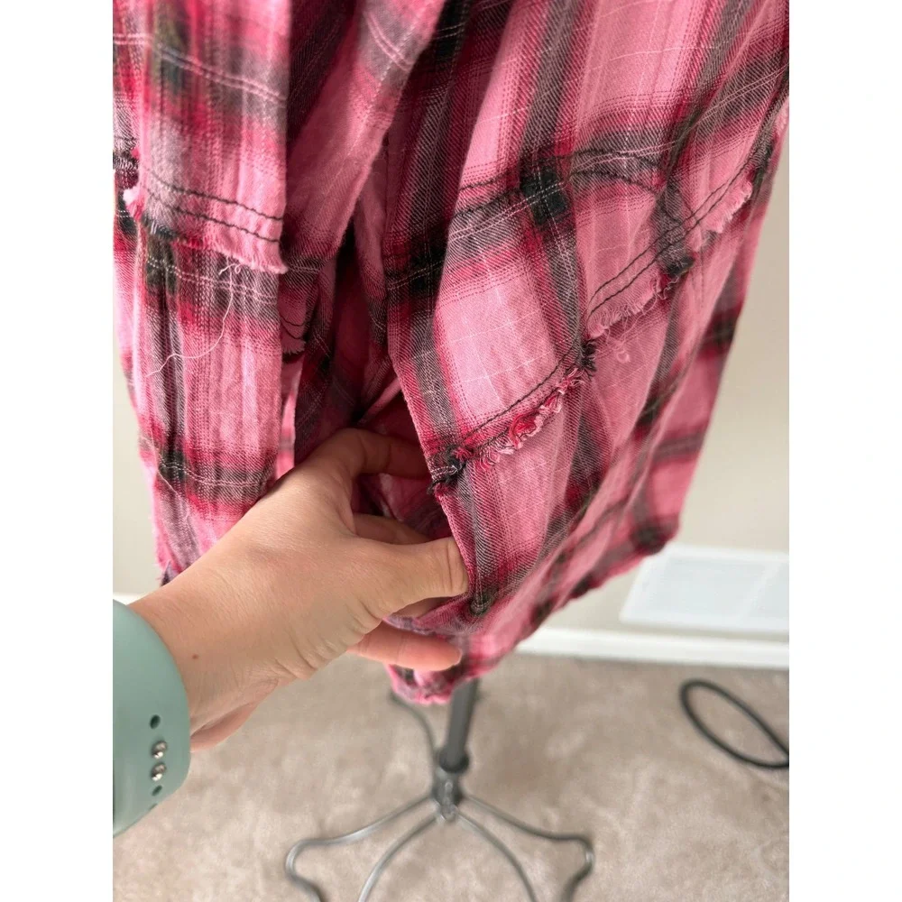 Free People Tunic Shirt One of the‎ Boys Plaid Boho Slouchy Lagenlook Pink Large